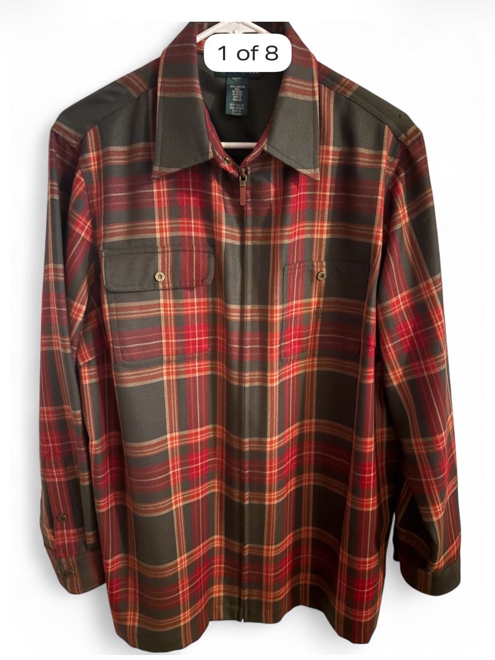 Lauren Ralph Lauren Red & Brown Plaid Zip Shirt Jacket 100% Worsted Wool
